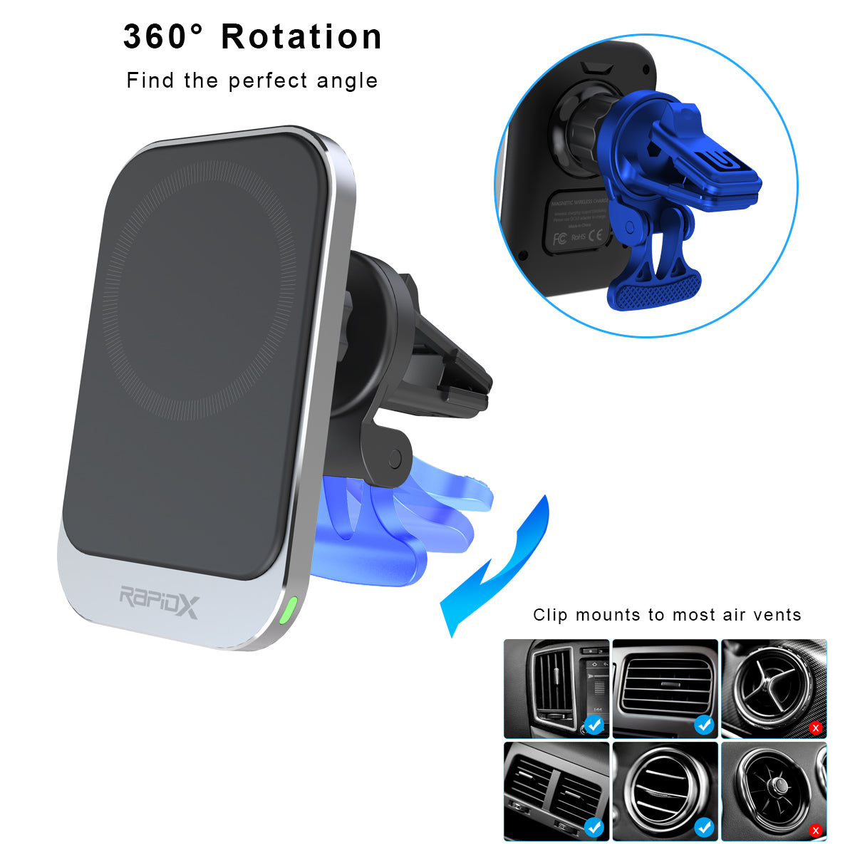Dashio MW1 Car Vent Mount & Magnetic Wireless Charger Pad, up to 15W, for iPhone 14/13/12 & newer, or other iPhone/Android with MagSafe/Magnetic Case